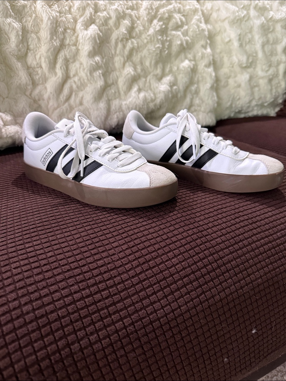 adidas White Sneakers with Black Stripes and Brown Soles